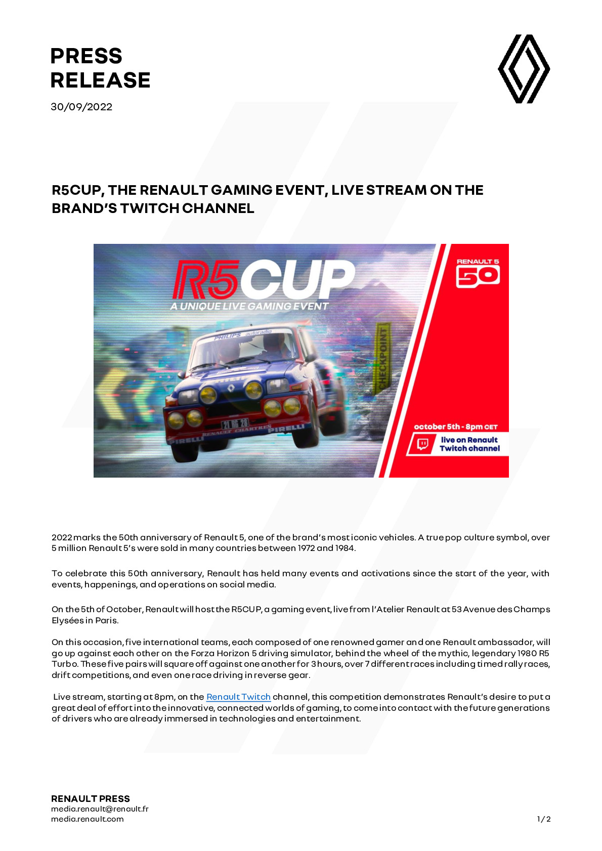 R5CUP, the Renault gaming event, live stream on the brands Twitch channel 